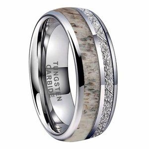 Unisex Tungsten Steel Wedding Band Ring 8mm. Silver w/ White Antler & Meteorite